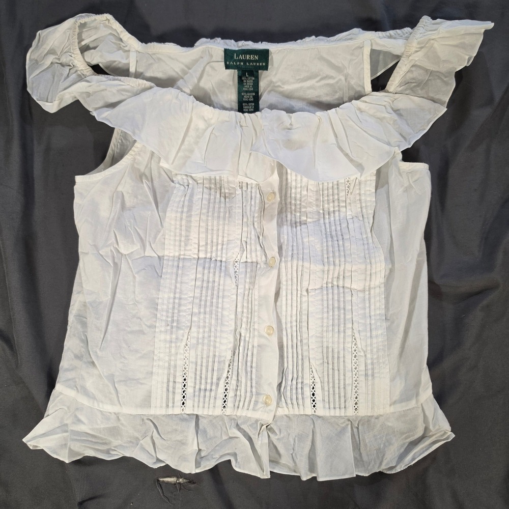 Lauren Ralph Lauren White Cotton Pintuck Eyelet Ruffle Blouse Large